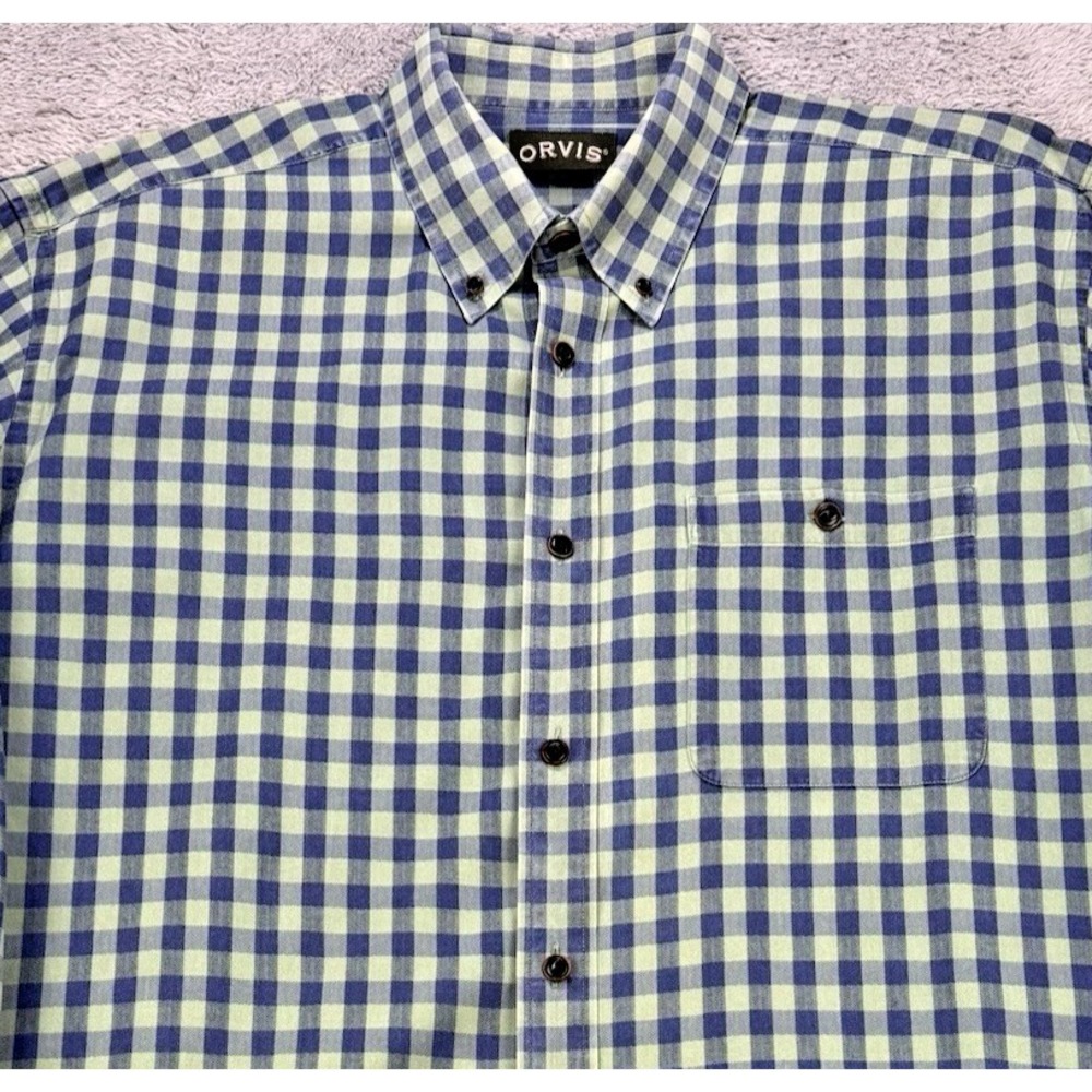 Orvis Shirt Men XL Green Gingham Check Indigo Dyed Button‎ Down LS